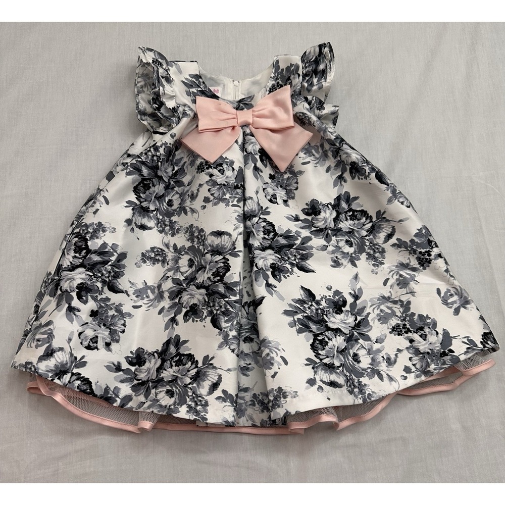 Bonnie Baby Dress 24 Months, Black And White Floral With Pink Bow